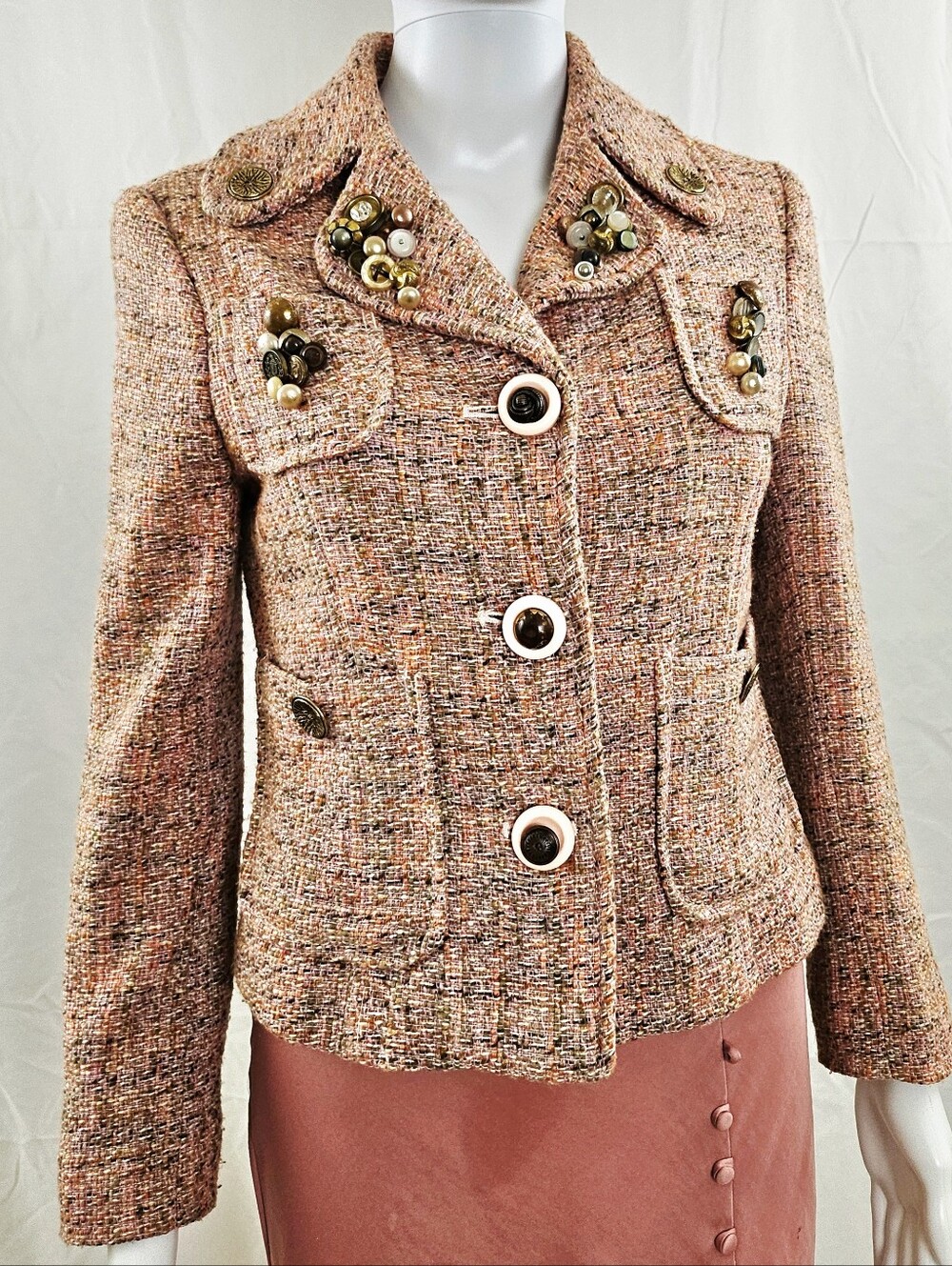 GAP Pink Multicolor Tweed Decorative Button Blazer